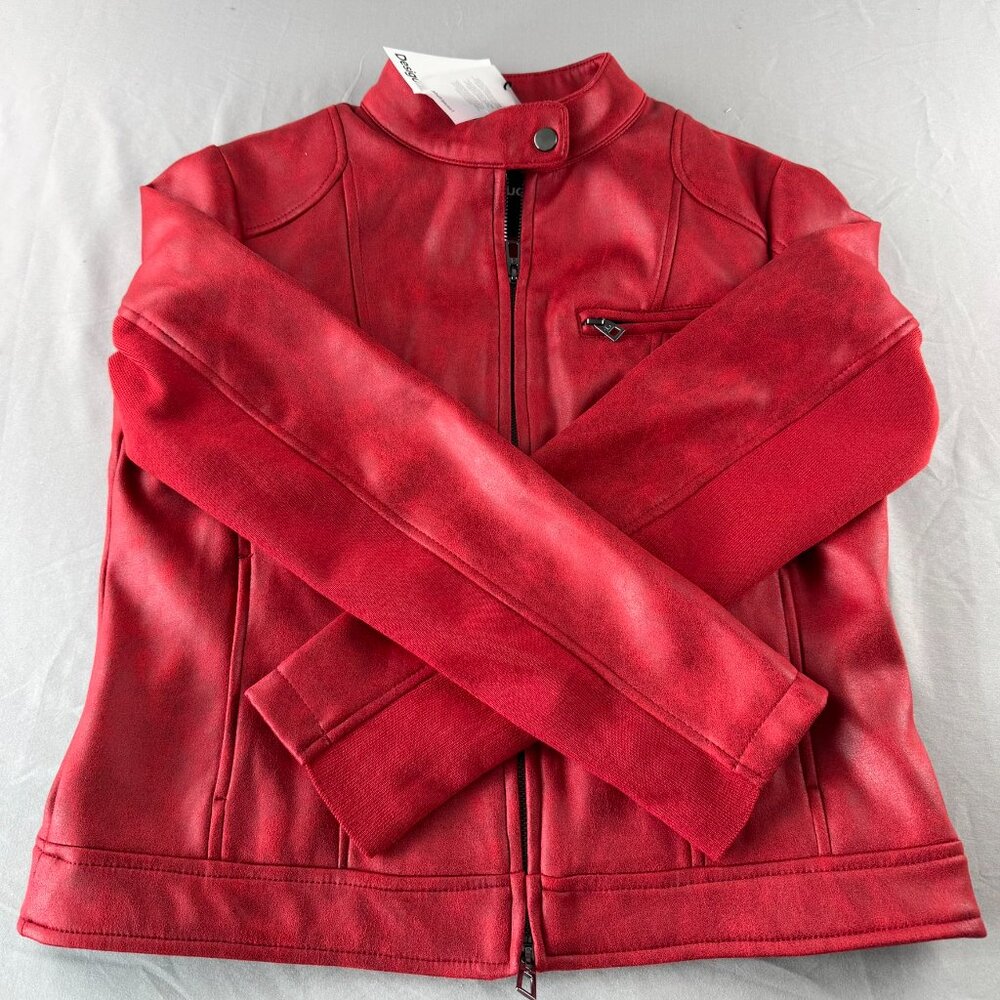 Desigual Women's Red Moto Biker Soft Faux Leather Jacket NWT Mandarin Collar L - Picture 7 of 11